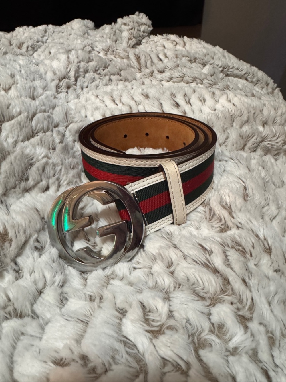 Gucci Red & Green Web Stripe Belt with White Leather Trim and Silver GG Buckle